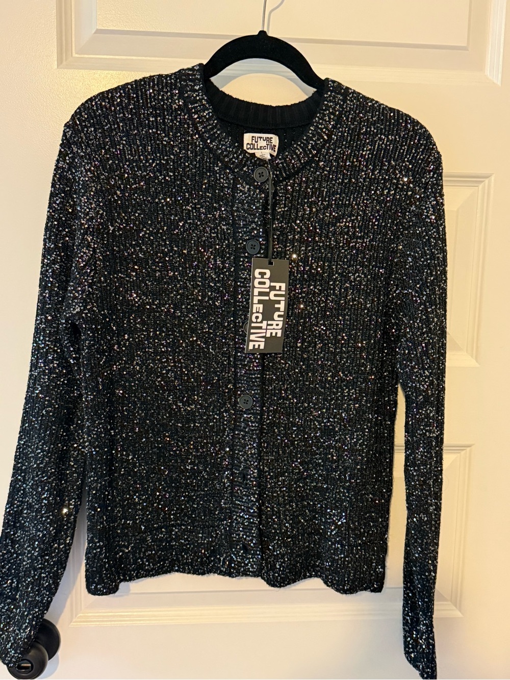 Future Collective Black sequin Button-Front Cardigan